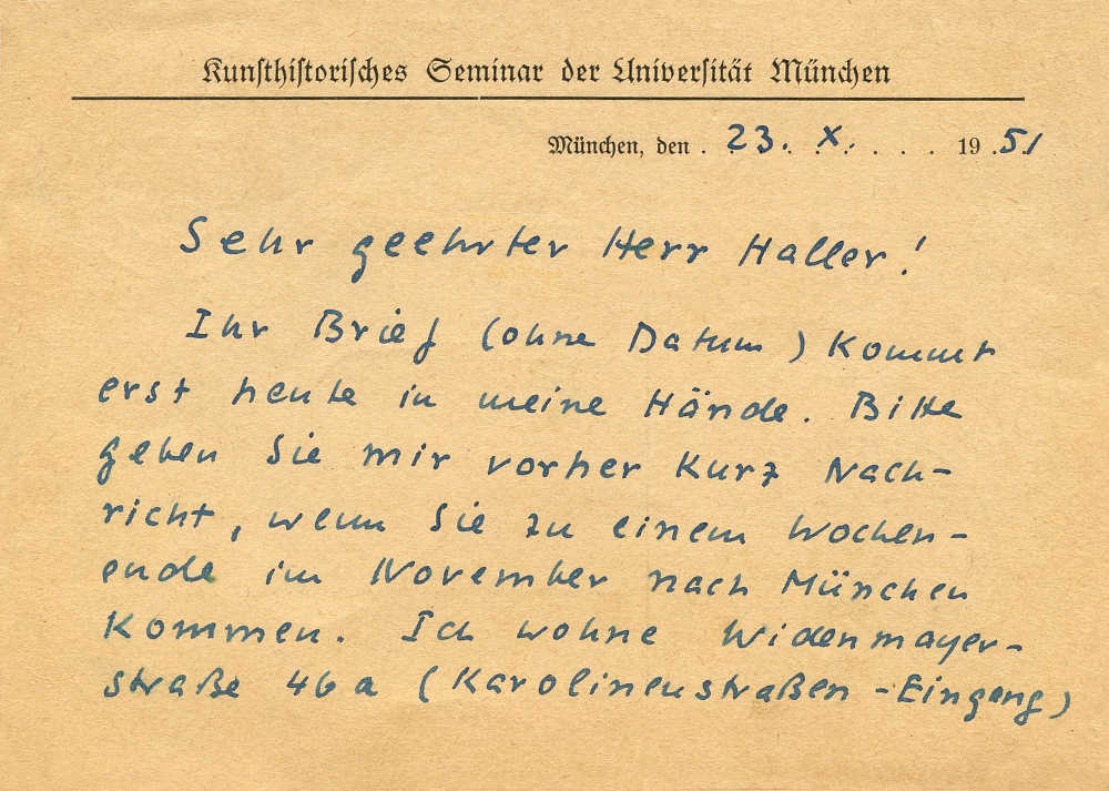 23. Oktober 1951 Karte von Hans Sedlmayr an Haller2