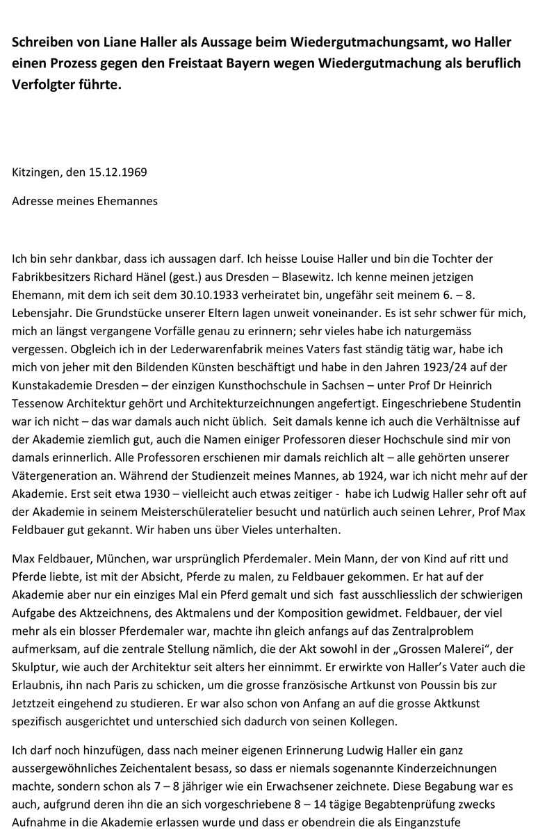 Schreiben1 von Liane Haller als Aussage beim Kriegsentschädigungsdgericht 15.Dezember 1969