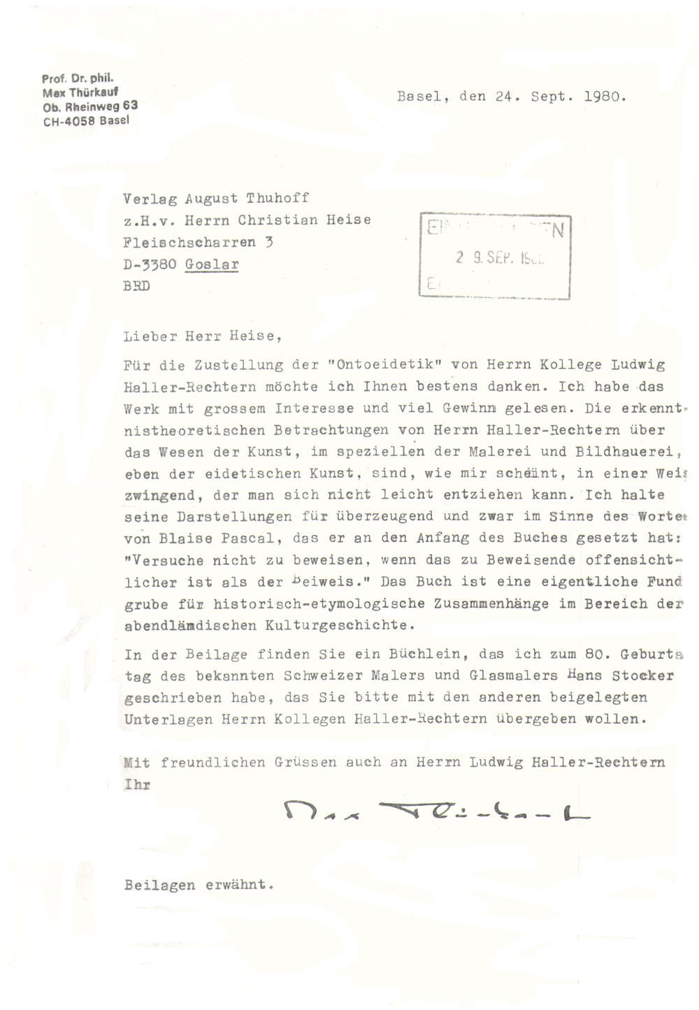 1980 09 24 Schreiben Prof Dr Max Thurkauf an Herrn Heise