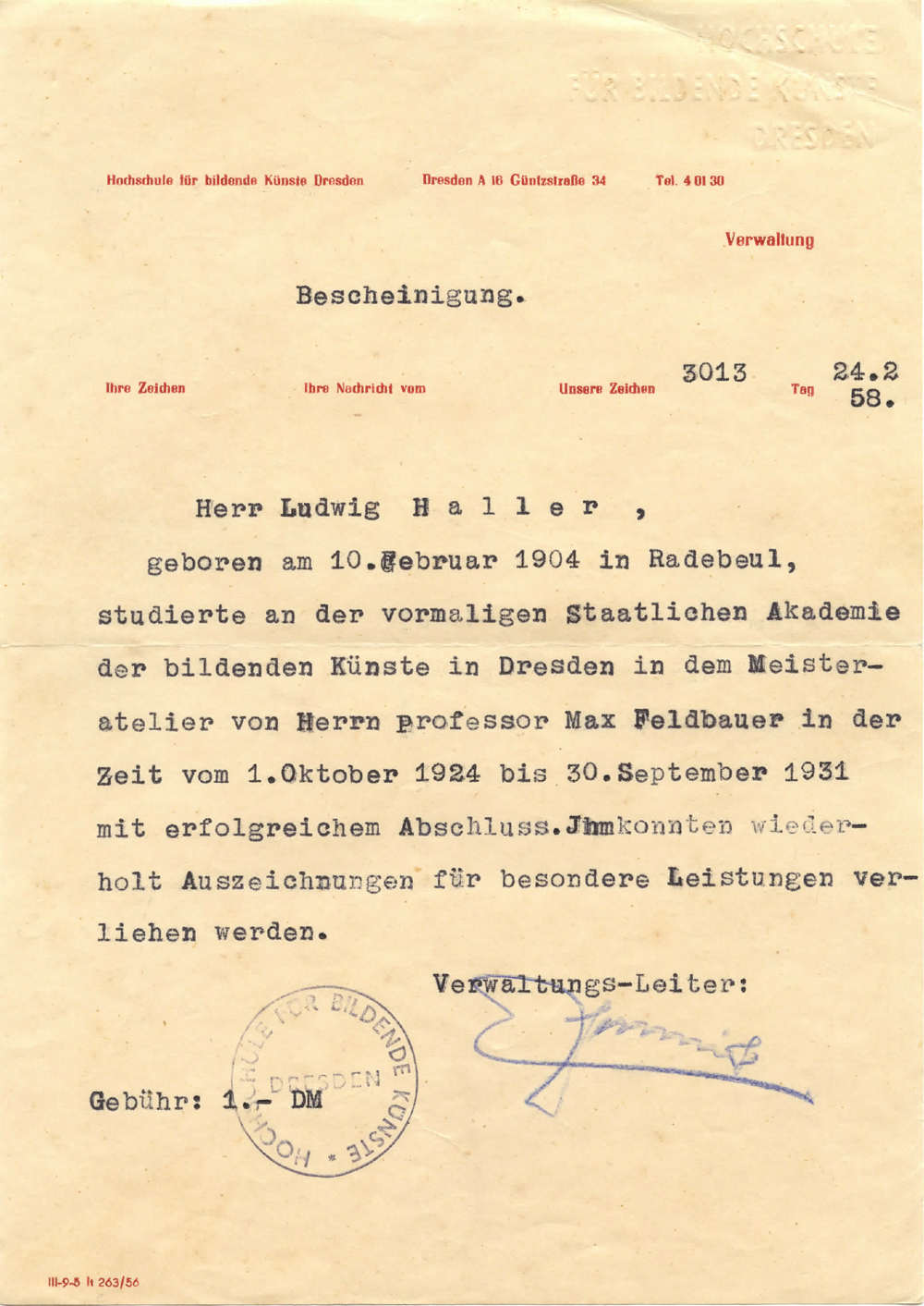 1958-02-24 Schreiben Hochschule für Bildende Künste Dresden an Haller