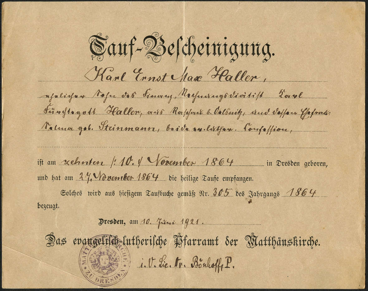 1921-06-17 Taufbescheinigung Haller Vater