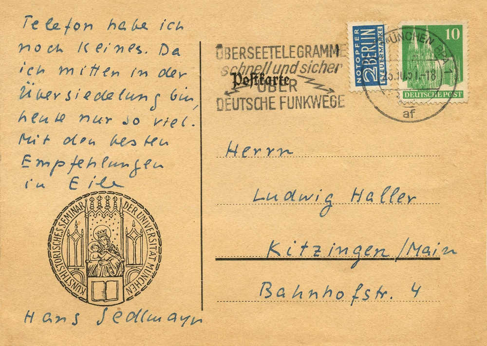 23. Oktober 1951 Karte von Hans Sedlmayr an Haller1