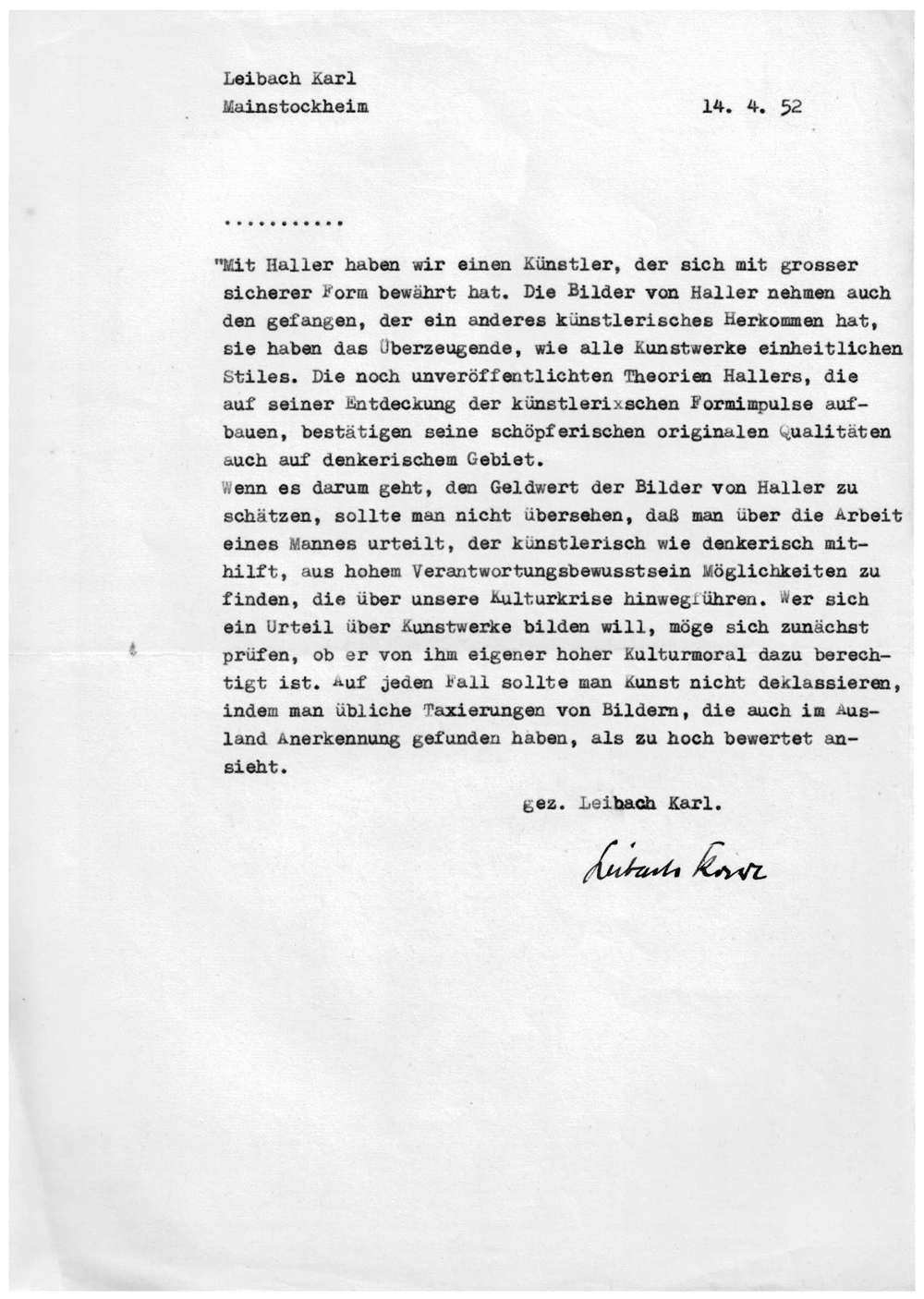 Karl Leibach, zum finanziellen Wert der Haller Werke, 15. April 1952