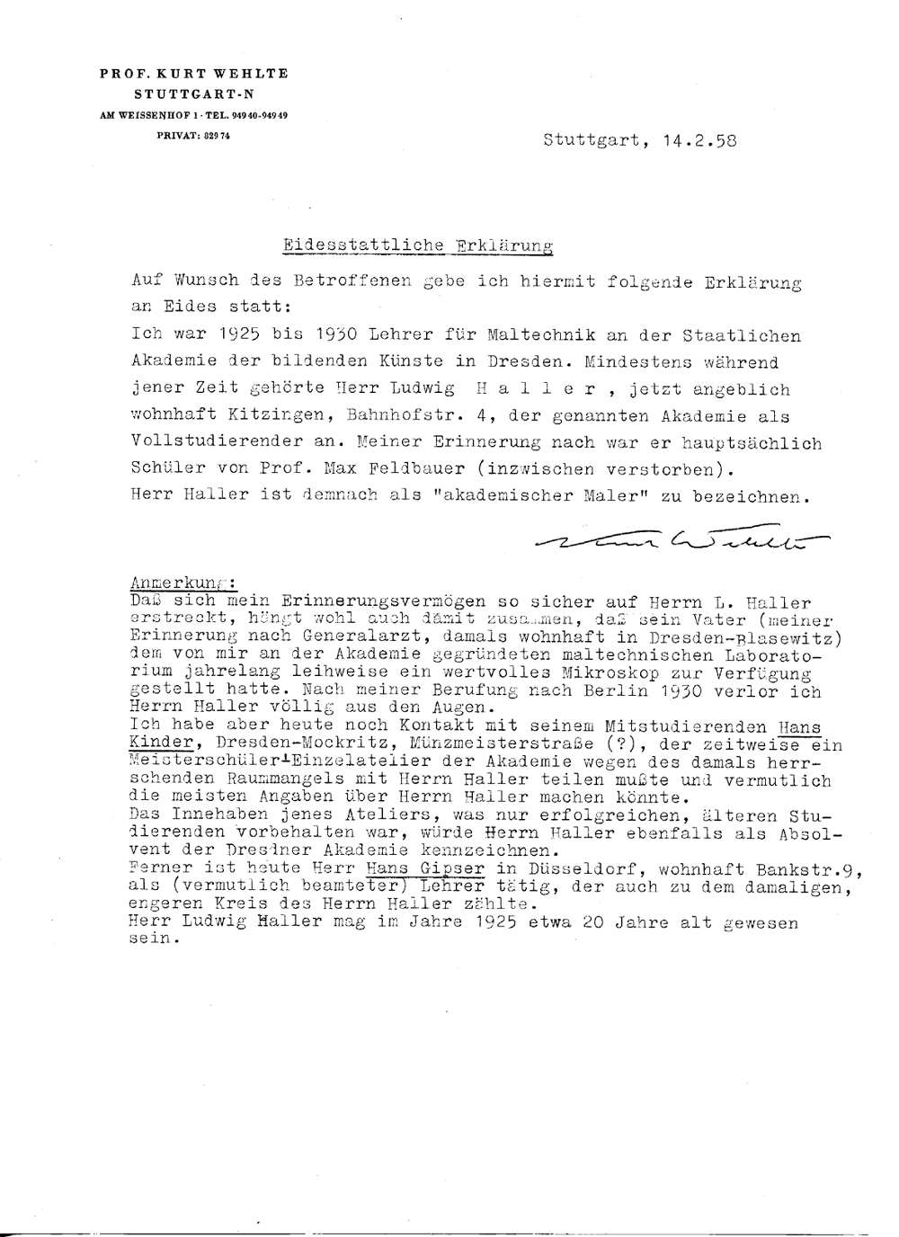 Prof Kurt Wehlte, Eidestattliche Erklärung für Haller, 14. Februar 1958