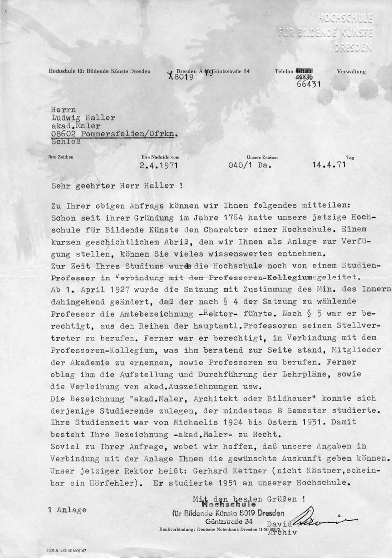 14. April 1971 Schreiben Hochschule für Bildende Künste, Dresden an Haller